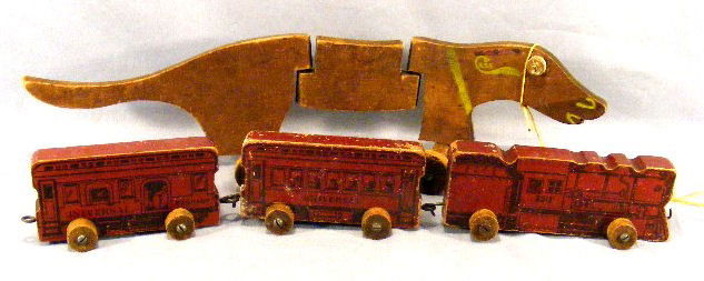 Wood pull toys, Cass Toys 23" dog and American Wri: Wood pull toys, Cass Toys 23" dog and American Wringer Horse Shoe Toys 8" locomotive and two passenger cars