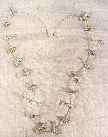 Sterling silver American Indian design necklace wi: Sterling silver American Indian design necklace with figures of birds, fish, bears, turtles, frogs -31" long, 2.94 troy oz.