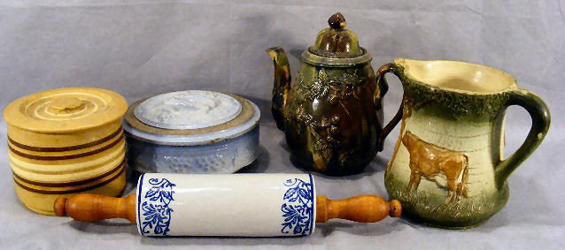 Kitchenware lot including blue & white stoneware c: Kitchenware lot including blue & white stoneware covered bowl with edge chips, yelloware covered jar with small chip on lid, ceramic rolling pin with two hairlines on end, majolica teapot with cracks 
