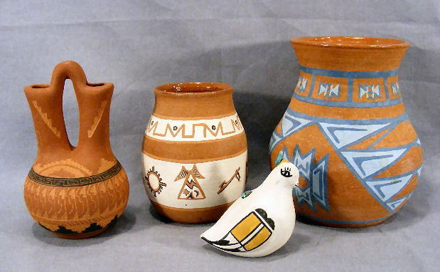 Lot of Native American pottery, 2 Lower Sioux Pot: Lot of Native American pottery, 2 Lower Sioux Pottery vases 5.5" & 7.5" high, Rena W. Navajo 7" vase and Acoma, NM, Pauline J. Abeita quail figurine