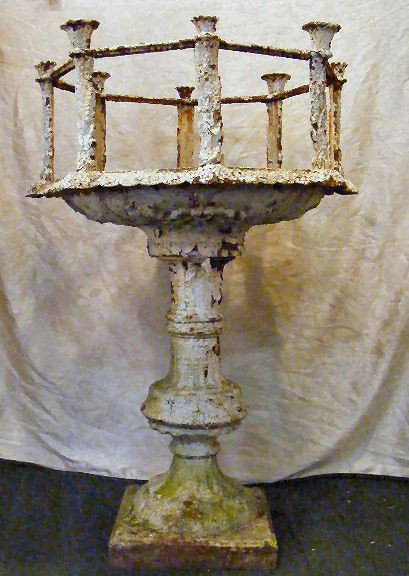 Antique Fisk (?) cast iron garden terrarium. 43" : Antique Fisk (?) cast iron garden terrarium. 43" tall by 28" across. Was painted white, 3 old breaks on cast iron cross members, we have the pieces. No glass.