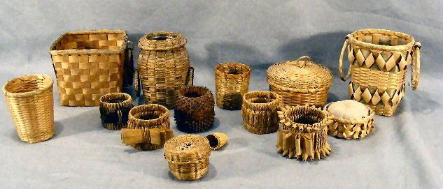 Collection of Indian baskets, pin cushion, napkin: Collection of Indian baskets, pin cushion, napkin rings and jar. 13pcs.