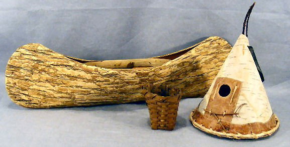 Bark canoe 21" long, very good condition dated 19: Bark canoe 21" long, very good condition dated 1935, birch bark teepee 10" to top of twigs and min. basket
