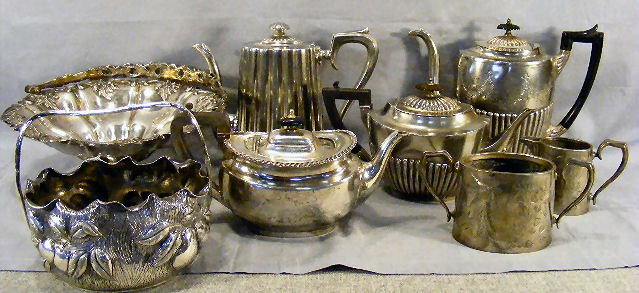 Lot of misc. silverplate including Pairpoint bask: Lot of misc. silverplate including Pairpoint basket, swing handled basket with bend at foot, tea & coffee pots, etc.
