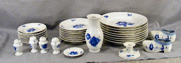 Lot of Royal Copenhagen dinner ware, two pair sal: Lot of Royal Copenhagen dinner ware, two pair salt & pepper shakers, 8 - 6" plates, 8 - 7.5" plates, 8 - 10" plates, 7" vase, candleholder, sm. Dish and two delft shoes