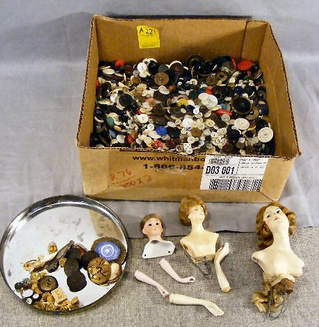Jewelry & button lot. Military buttons, pin cushi: Jewelry & button lot. Military buttons, pin cushion doll heads, China silver pin w/ blue stone, cameo, sterling bezel pin w/ yellow stone, broken sterling handle, etc.