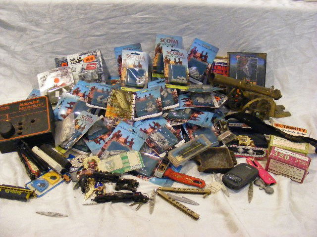 Toy lot. Scotia Micro Models, Micro Armour, 3 RC: Toy lot. Scotia Micro Models, Micro Armour, 3 RC car motors, badges, brass canon, butterfly knife (not a toy), trains, etc.