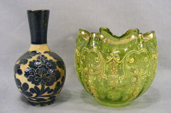 Green enameled rose bowl 4.5" high with partial si: Green enameled rose bowl 4.5" high with partial signature on bottom - starts with "M" - metal foot missing together with 5.5" pottery vase.