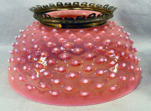 Cranberry opalescent hobnail Victorian hanging lam: Cranberry opalescent hobnail Victorian hanging lamp shade, touch over 13.75" diameter, 6" high, glass in fine condition, no chips, cracks or damaged hobnails, comes with original brass ring with prism