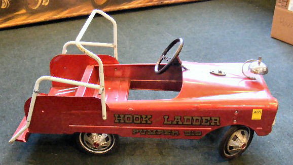 Hook Ladder Pumper 519, metal pedal car, missing w: Hook Ladder Pumper 519, metal pedal car, missing windshield, some dents, etc.