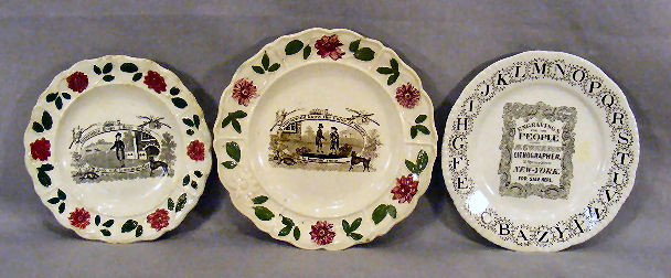 Lot of two proverb plates 7.25"& 6.5" spider line : Lot of two proverb plates 7.25"& 6.5" spider line on rear of one, glaze flakes and one Adams 7" Currier & Ives advertising ABC plate