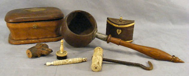 Lot including leather sewing box with handle missi: Lot including leather sewing box with handle missing, coconut shell dipper, small tole caddy, misc. bone items, iron hook tip broken & end of handle missing and carved dog head cane handle with one gl