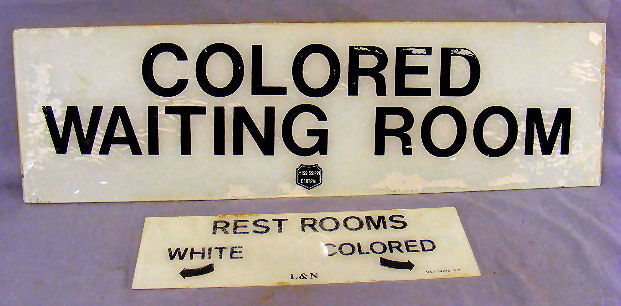 Mississippi Central Railroad "Colored Waiting Roo: Mississippi Central Railroad "Colored Waiting Room" sign on glass 24"X 7" and White & Colored Rest Rooms, 12"X 4", on glass