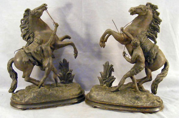 Pair Marley Horse spelter figurines, on wood base: Pair Marley Horse spelter figurines, on wood bases, hoof on one horse missing, finish is worn, 17" high