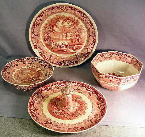 Red transferware, Mason's Vista Ironstone, compot: Red transferware, Mason's Vista Ironstone, compote, platter (crack), bowl & sandwich tray. Some stains.