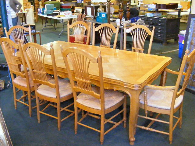 Refractory table, parquet top, w/ 6 side chairs &: Refractory table, parquet top, w/ 6 side chairs & 2 armchairs. 78" long x 39" wide. Good condition. Chairs are signed.