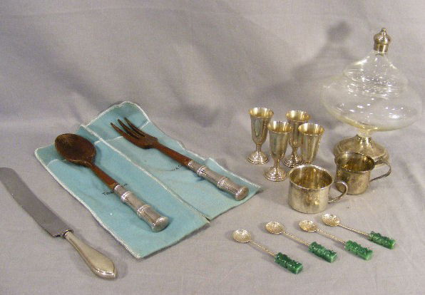 Lot of sterling silver, covered candy jar, Tiffan: Lot of sterling silver, covered candy jar, Tiffany & Co. Bamboo pattern salad serving set, 4 goblets, two baby cups, sterling handled cake knife, sterling spoons with jade handles. Weight of cup and g