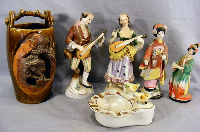 Lot including pr. occupied Japan figurines, two m: Lot including pr. occupied Japan figurines, two made in Japan figurines (one damaged), ash tray with nodding birds and vase 8.25"