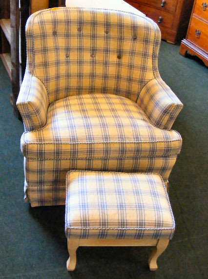 Upholstered slipper chair (swivel base), & foot s: Upholstered slipper chair (swivel base), & foot stool.