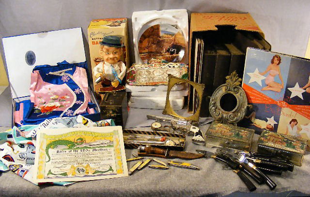 4 boxes of misc. items, pocket knives, belt knife: 4 boxes of misc. items, pocket knives, belt knife, Starrett gauges, 1951 180th Meridian certificate, Coke Cooler, Hubley Texan 38 cap gun, collector plates, Japanese garment, records, 78's, flatware,