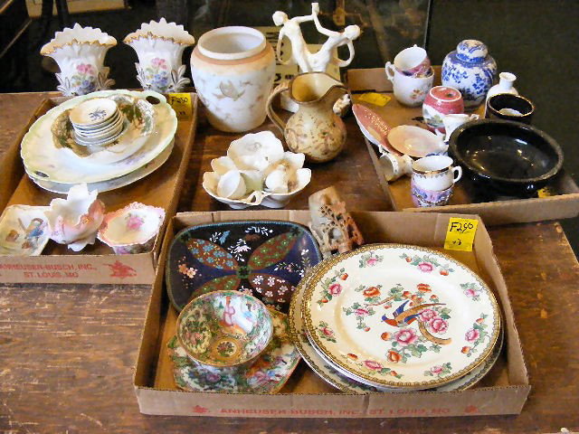 3 lots of porc., china, cloisonné' tray, figural : 3 lots of porc., china, cloisonné' tray, figural flower frog, Asian items, vases, etc.