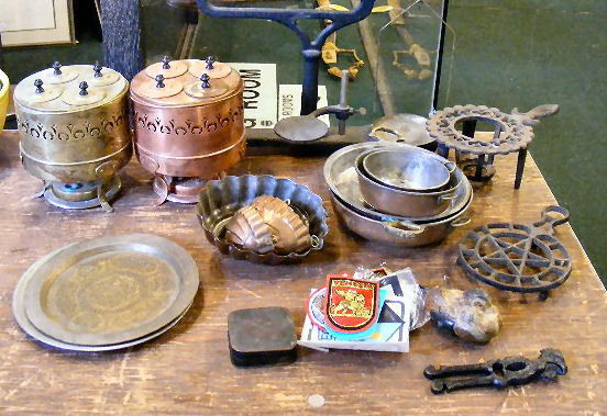2 boxes of metal items, iron scale, copper & bras: 2 boxes of metal items, iron scale, copper & brass egg boilers, copper molds, trivets, small copper pans, etc.