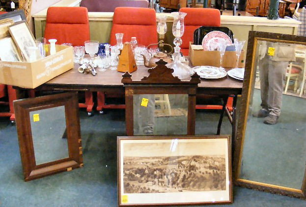 Large lot. Victorian mirror, Empire mirror, mirro: Large lot. Victorian mirror, Empire mirror, mirror & print. 4 boxes, framed fashion prints, 2 Waterford wine glasses, Wedgwood candlesticks, silverplate flatware, 1950's American flag, plates, glasswa