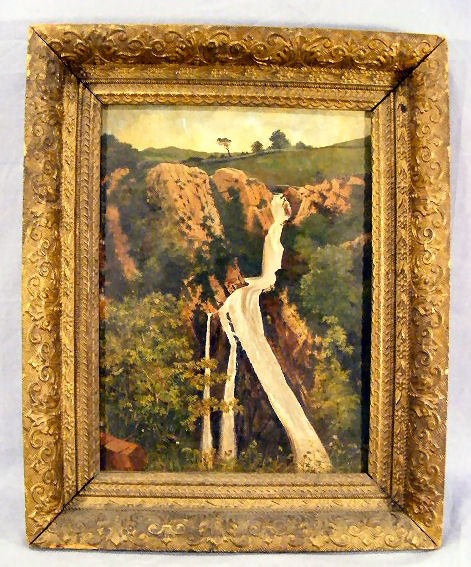 Primitive oil painting on artist board of waterfal: Primitive oil painting on artist board of waterfalls, initialed R.T., image size 10" X 13.5'