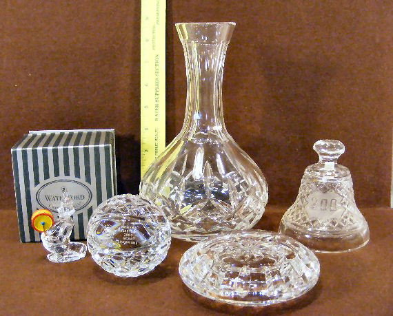Lot of Waterford crystal, 8.5", limited edition NC: Lot of Waterford crystal, 8.5", limited edition NCAA paperweight, figurine with box, bell with large chip and lid to dresser jar.