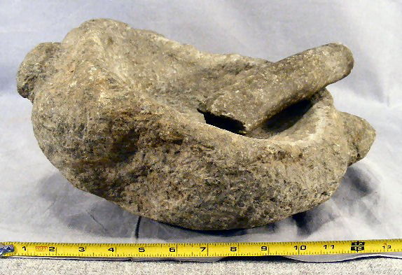 Native American mortar & pestle, handles on each e: Native American mortar & pestle, handles on each end, 15" long, break at one end of pestle