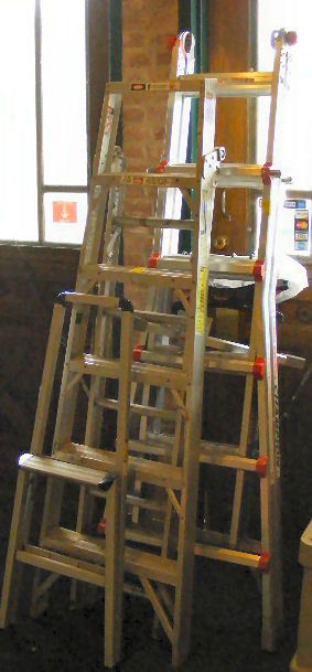 3 aluminum ladders, Little Giant model 10103 type: 3 aluminum ladders, Little Giant model 10103 type 1A, Job Master model F366 (6' step, 10.5 extension), and small step ladder.