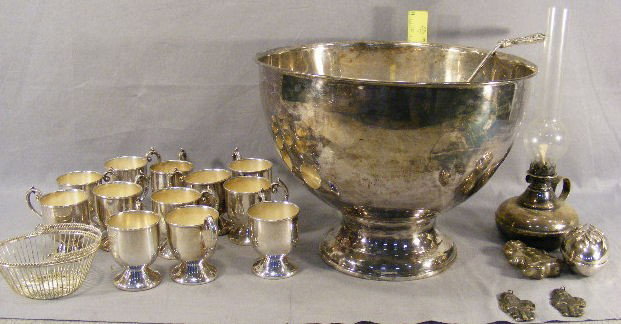 Silverplate on copper punch bowl with 12 cups, lad: Silverplate on copper punch bowl with 12 cups, ladle, 3 ornaments, oil lamp, egg and basket.