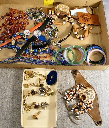 Jewelry, bangles, Aboriginal design bracelets pin: Jewelry, bangles, Aboriginal design bracelets pin, earrings & necklace. Mickey Mouse watch (Bradley Time) runs, Goofy watch by Lorus (quarts), necklaces, cufflinks, etc.