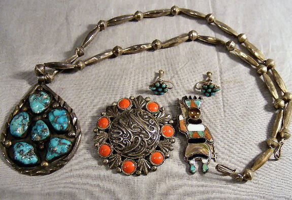 Unmarked silver jewelry, tested as silver. Americ: Unmarked silver jewelry, tested as silver. American Indian style necklace w/ turquoise stones, pin w/ red accents (chipped stone), abalone Indian & turquoise earrings. 2.48 OZT