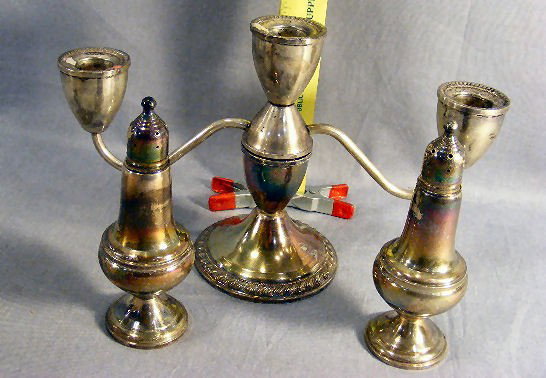 Weight sterling, salt & pepper shakers, candlesti: Weight sterling, salt & pepper shakers, candlestick.