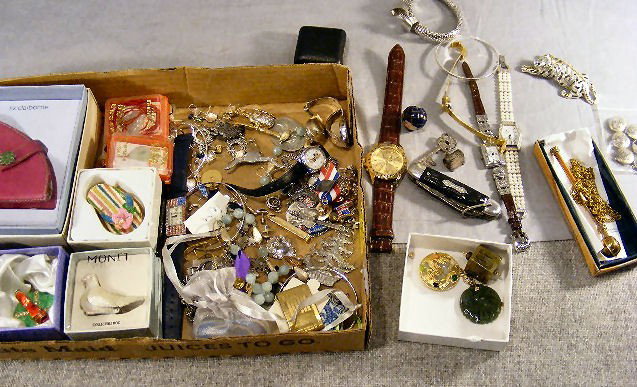 Costume jewelry, pocket knife, watches, necklaces: Costume jewelry, pocket knife, watches, necklaces, Asian jade pendants, etc.