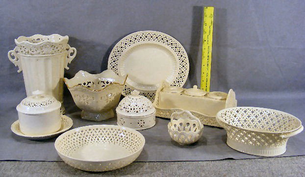Lot of creamware pottery, Leedsware including bow: Lot of creamware pottery, Leedsware including bowl, platter, desk stand, Lenox, bowl, etc.