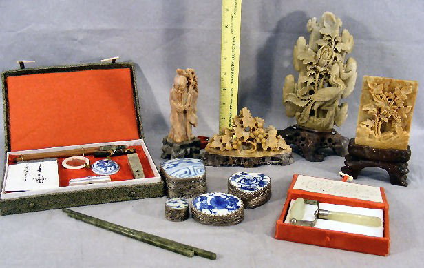 Lot of Chinese items including soapstone carvings: Lot of Chinese items including soapstone carvings, calligraphy set, jade roller, four porcelain and metal boxes