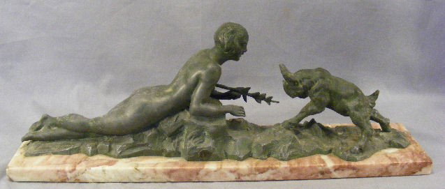 Art deco spelter figurine on marble base, chip on: Art deco spelter figurine on marble base, chip on marble, 20.5" long, signed "Limousin"