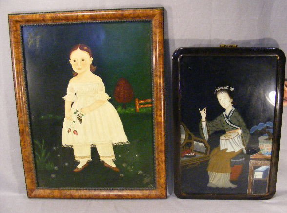 2pcs. Asian reverse painting on and primitive typ: 2pcs. Asian reverse painting on and primitive type painting of girl on artist board (dated 1977). Largest is 21" x 27.5"