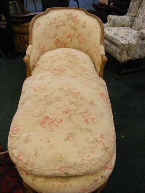 Upholstered chaise, down cushion, 66" long, uphol: Upholstered chaise, down cushion, 66" long, upholstery stained