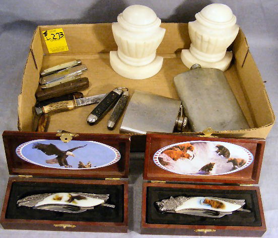 Misc. lot, flasks & marble bookends. Pocketknives: Misc. lot, flasks & marble bookends. Pocketknives: Klaas, Girl Scout, Imperial, Solincen (tortoise shell), Sheffield, etc. (condition varies, cracks, pitting, etc.).