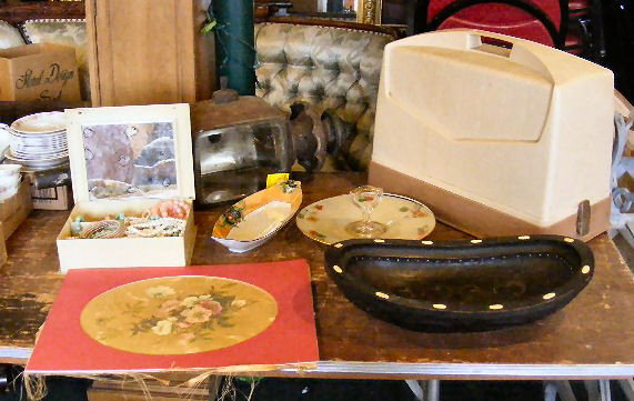 Misc. lot, antique lantern, carved wooden bowl, s: Misc. lot, antique lantern, carved wooden bowl, sewing machine, glassware, painting on silk and costume jewelry beads.