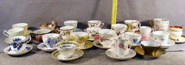 Large lot of cups & saucers including, Stanley, Add: Large lot of cups & saucers including, Stanley, Adderly, Bavarian, Hammersley, Royal Albert, Royal Grafton, one damaged Shelley, mustache cup, etc.