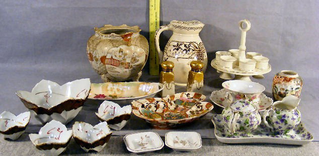 Lot of misc. china including biscuit jar as is, nu: Lot of misc. china including biscuit jar as is, nut set, Lefton creamer & sugar, oriental bowl, salt & pepper, egg rack, etc.