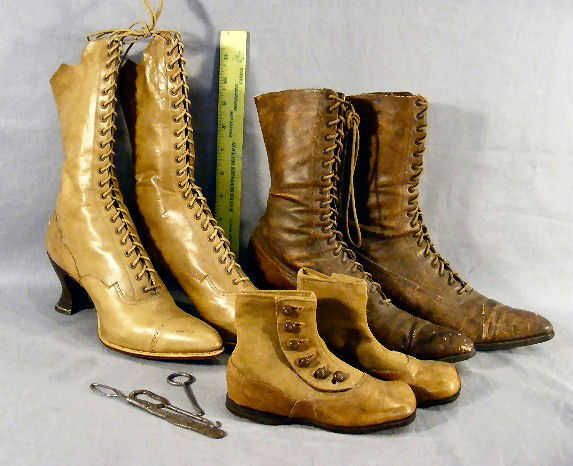 Three pair Victorian era shoes, boots and button h: Three pair Victorian era shoes, boots and button hooks