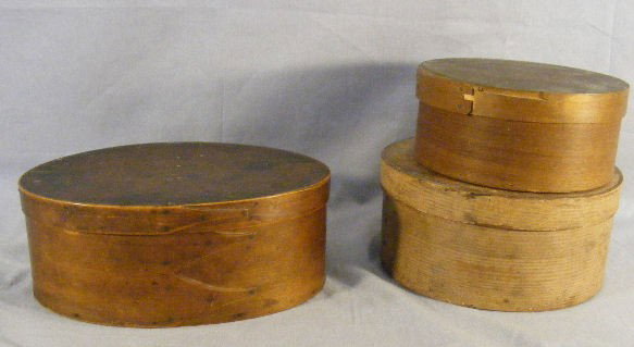 Oval Shaker box with original old finish, 9" X 6" : Oval Shaker box with original old finish, 9" X 6" and 3.5" high, "Leland Campbell" in chalk under lid, no breaks or splits together with two pantry boxes.