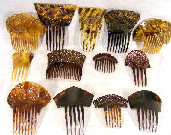 Lot of 13 celluloid, tortoise shell hair combs, fo: Lot of 13 celluloid, tortoise shell hair combs, four in last photo have some damage