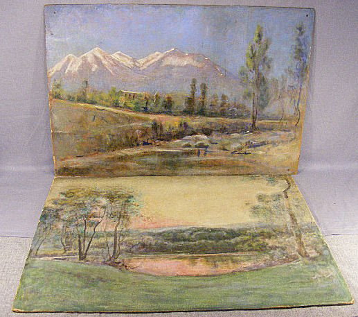 Two oil paintings on artist board, Robert Woodbury: Two oil paintings on artist board, Robert Woodbury estate stamp, worn edges, mountain scene with cabin measures 23" X 33" nail hole at each corner, scuffs. Pond scene has water stains on back, scuffs 