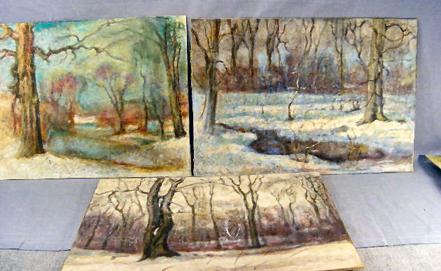 Three oil paintings on artist board, Robert Woodbu: Three oil paintings on artist board, Robert Woodbury estate stamp, winter woodland scenes, two measure 22" X 16", one measures 26" X 20.5"